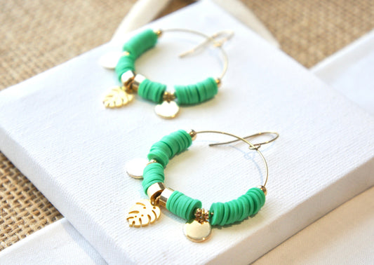 Monstera Leaf and Coins Hoop Earring