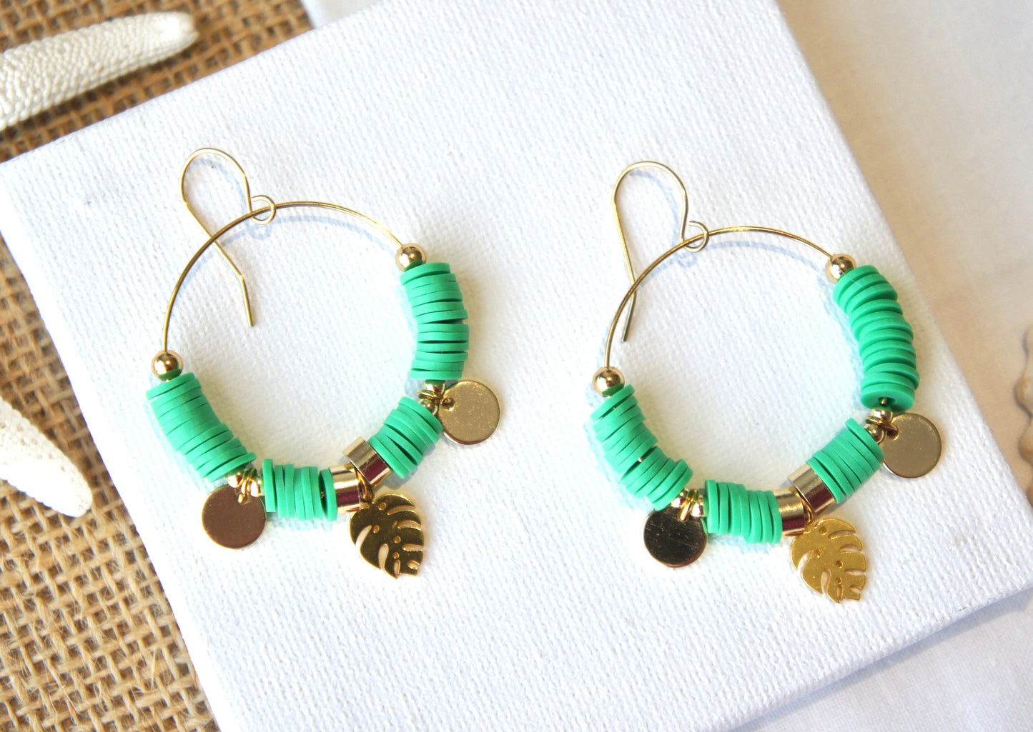 Monstera Leaf and Coins Hoop Earring