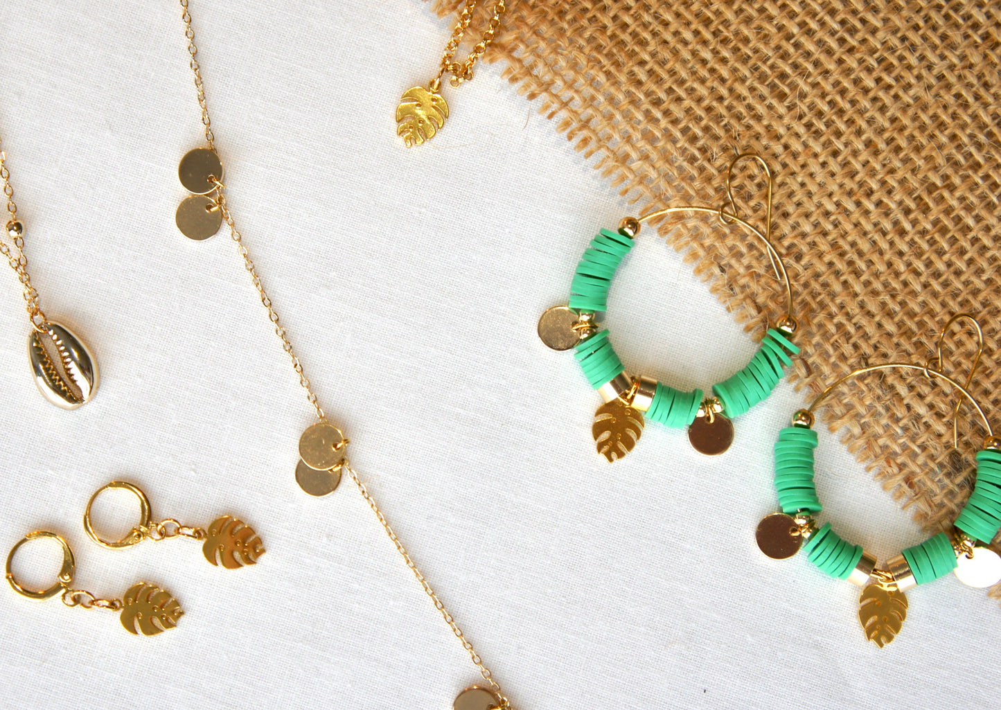 Monstera Leaf and Coins Hoop Earring