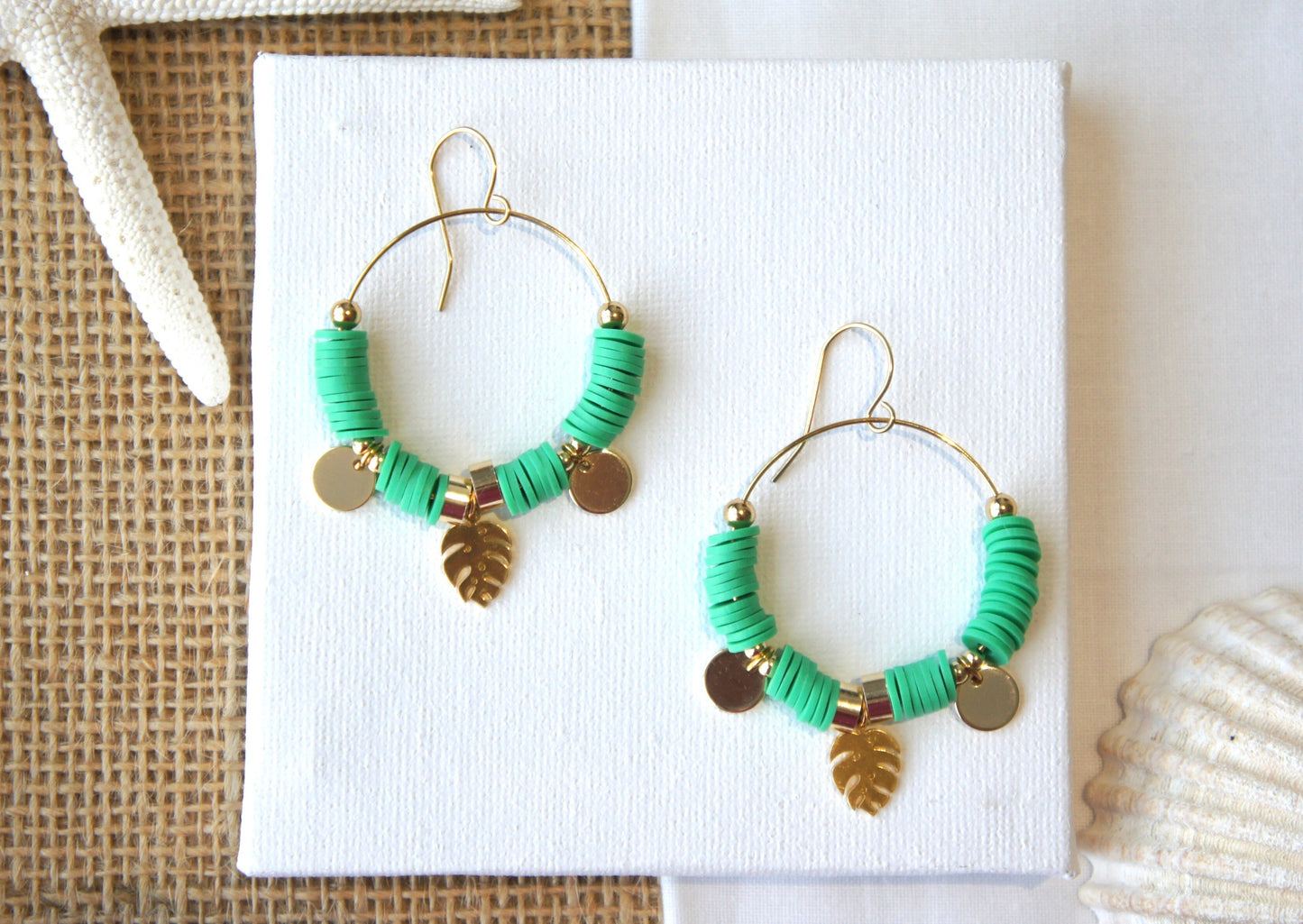 Monstera Leaf and Coins Hoop Earring