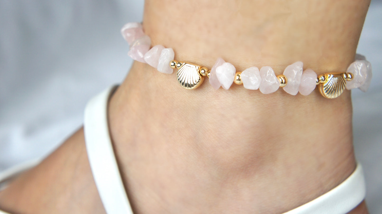 Pink Stones and Gold Shells Anklet