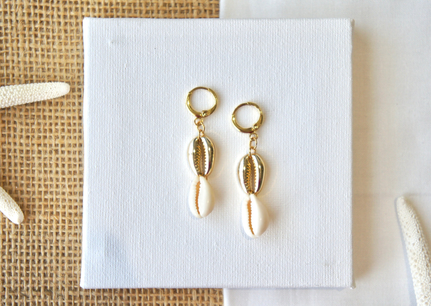 Natural and Gold Shell Huggie Earrings