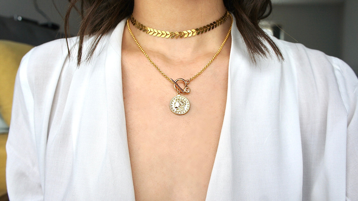 Zirconia Charms and Coin Necklace