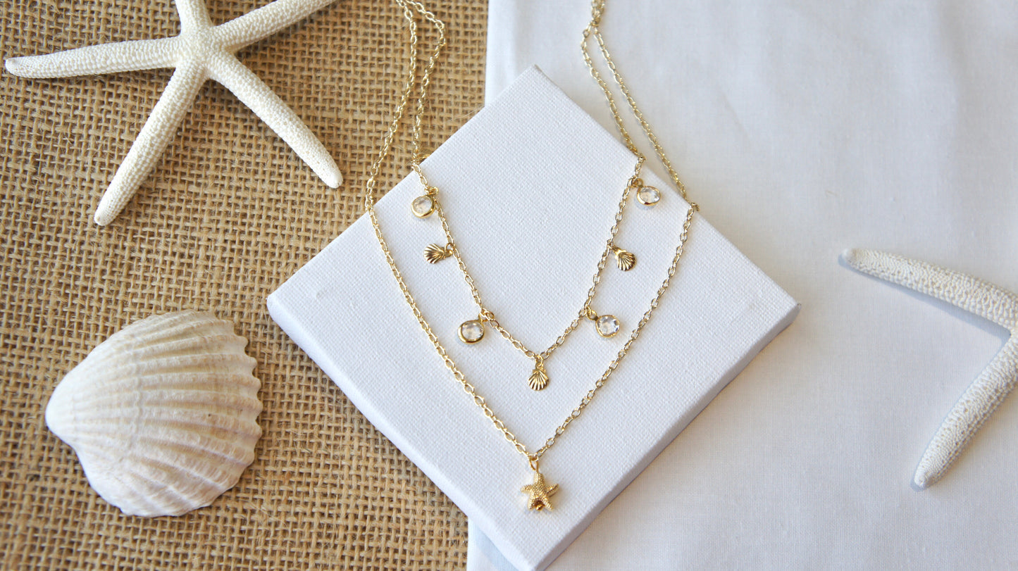 Shells and Zirconia Charms Double Chain Necklace