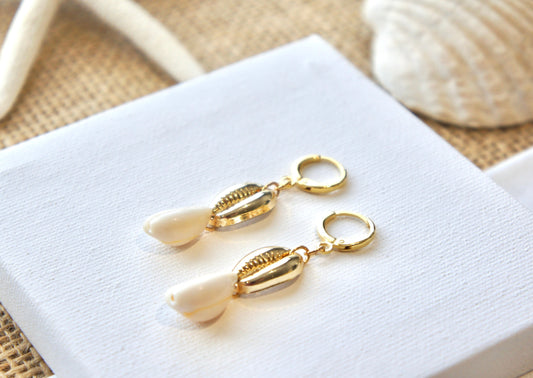 Natural and Gold Shell Huggie Earrings