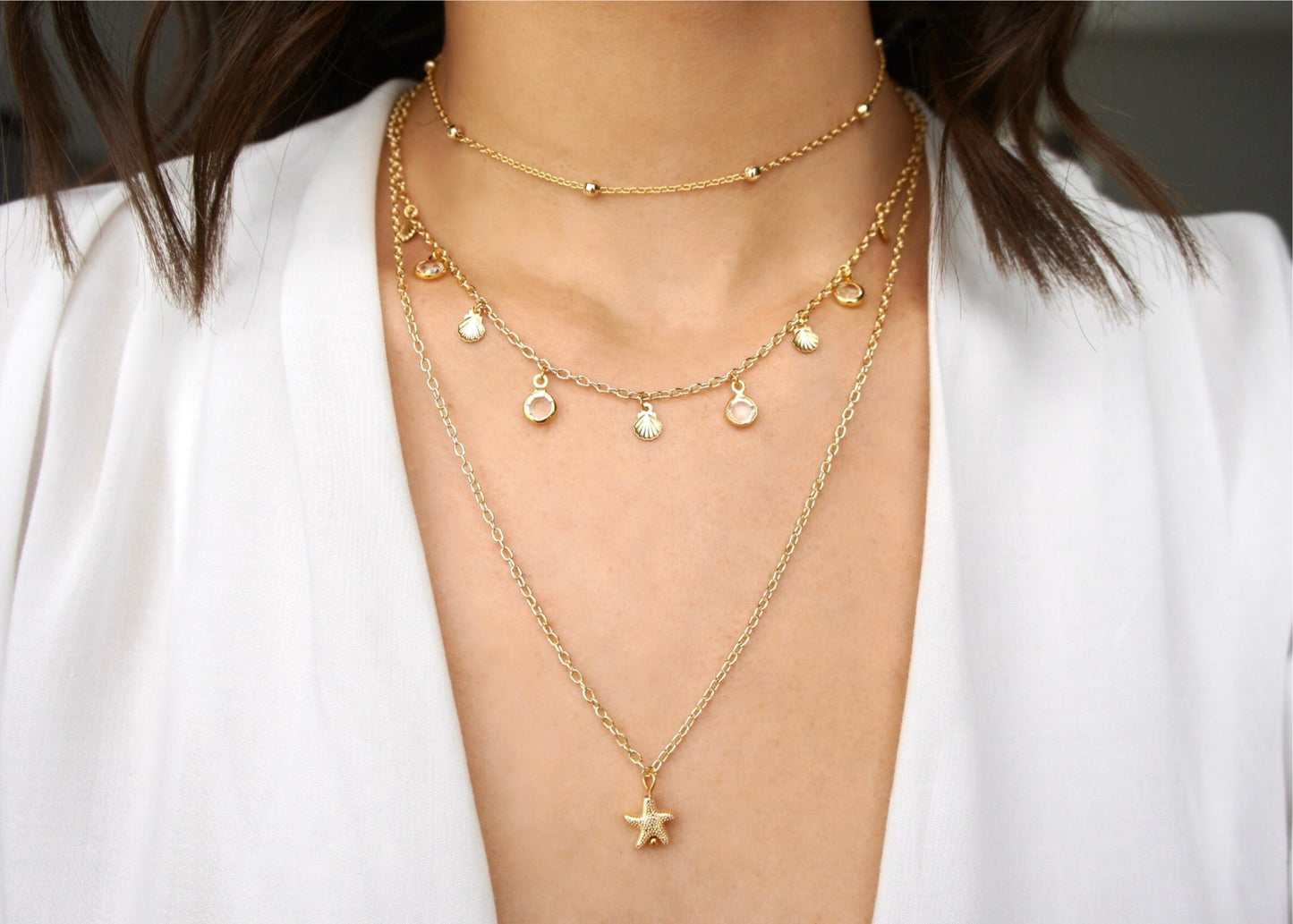 Shells and Zirconia Charms Double Chain Necklace